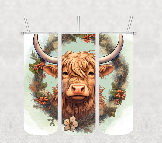 Green Themed Highland Cow 20oz Tumbler