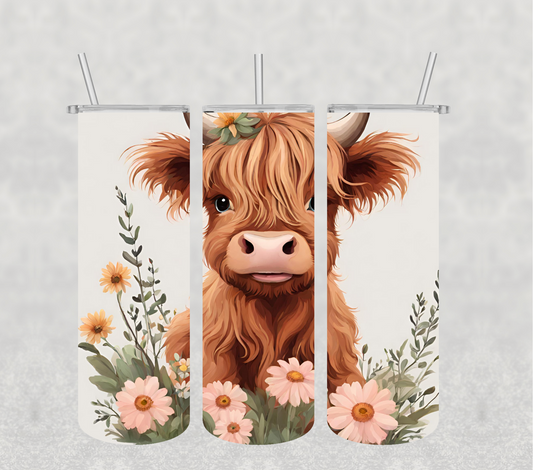 Pink Flowers Baby Highland Cow 20oz Tumbler